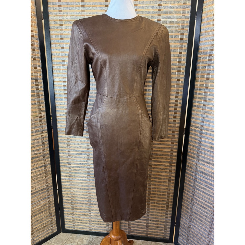 Joanie Char Leather Dress Women 8 Brown Vintage Midi Long Sleeve Tailored Pocket